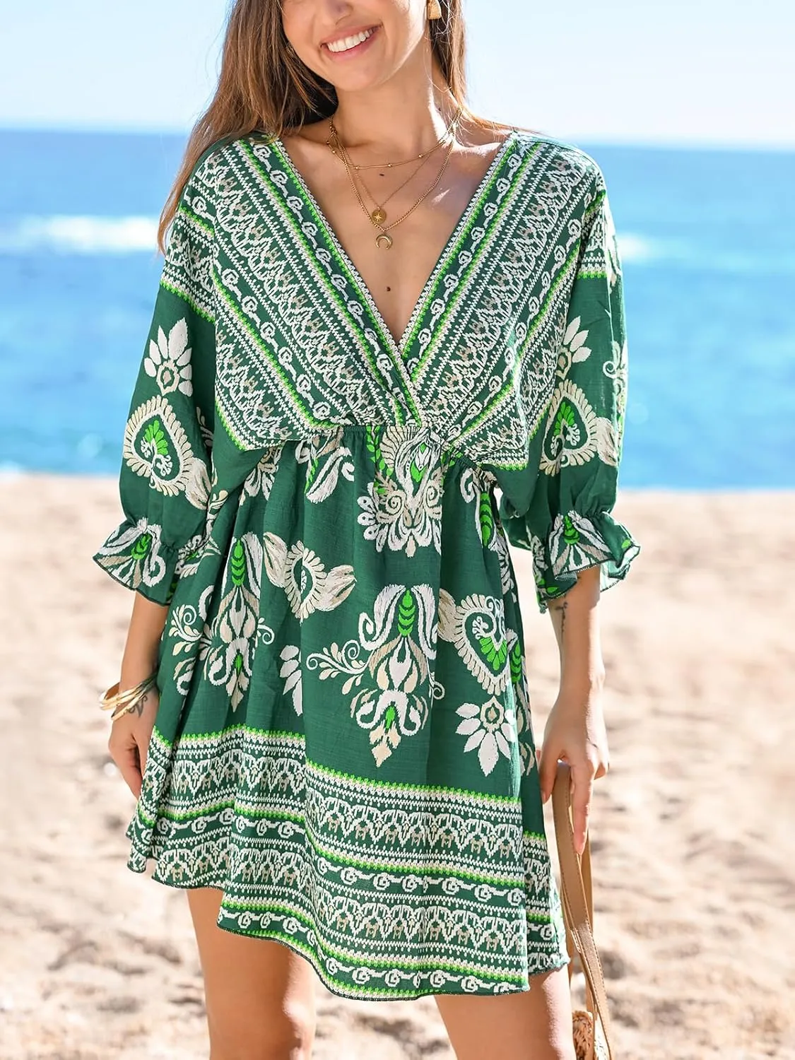 CUPSHE Women Casual Boho Sundress Summer Floral Print Tie Front Dress 3/4 Sleeves Paisley Beach Mini Dresses