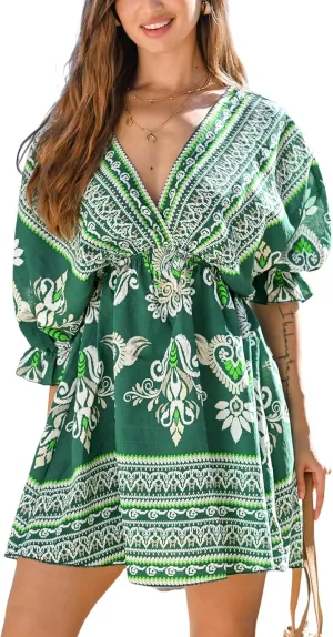 CUPSHE Women Casual Boho Sundress Summer Floral Print Tie Front Dress 3/4 Sleeves Paisley Beach Mini Dresses