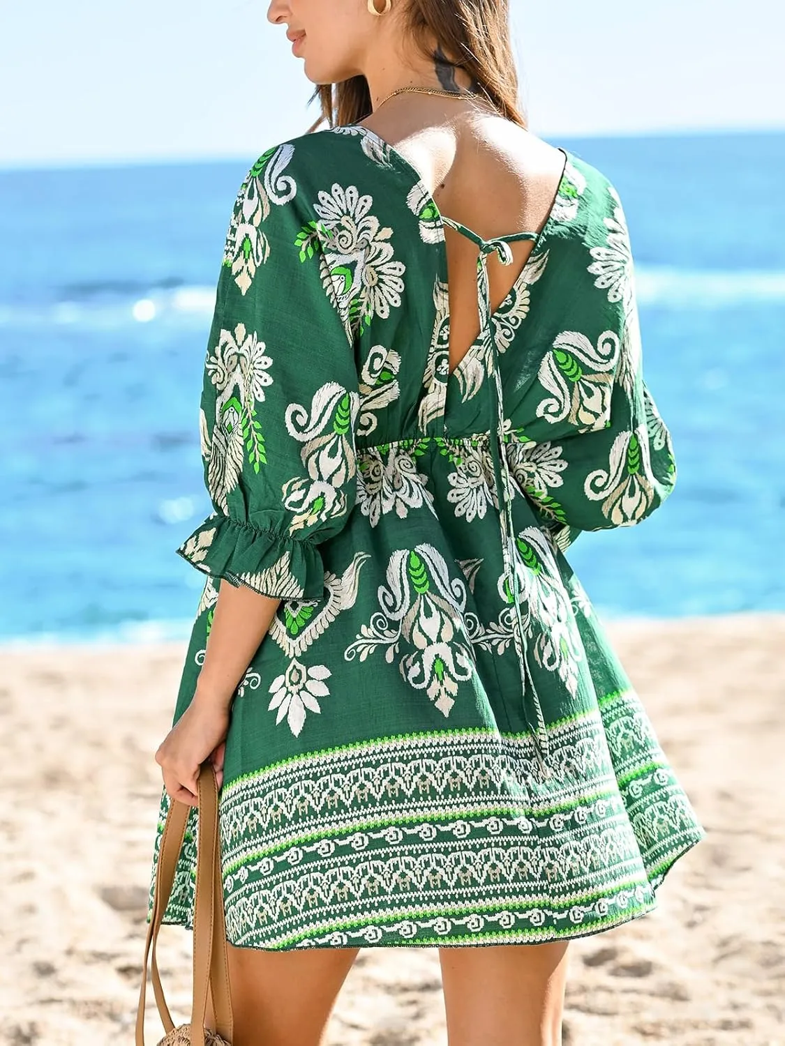 CUPSHE Women Casual Boho Sundress Summer Floral Print Tie Front Dress 3/4 Sleeves Paisley Beach Mini Dresses