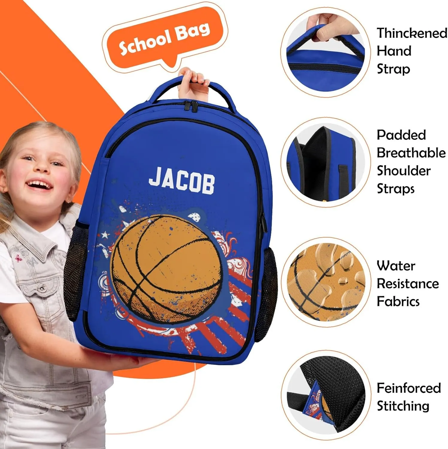 Custom Backpack for Boys, Lightweight Backpack Set with Lunch Bag and Pencil Case 3 pcs, Schoolbag for Elementary Junior High Students 6-8 10-12 14-16, Basketball