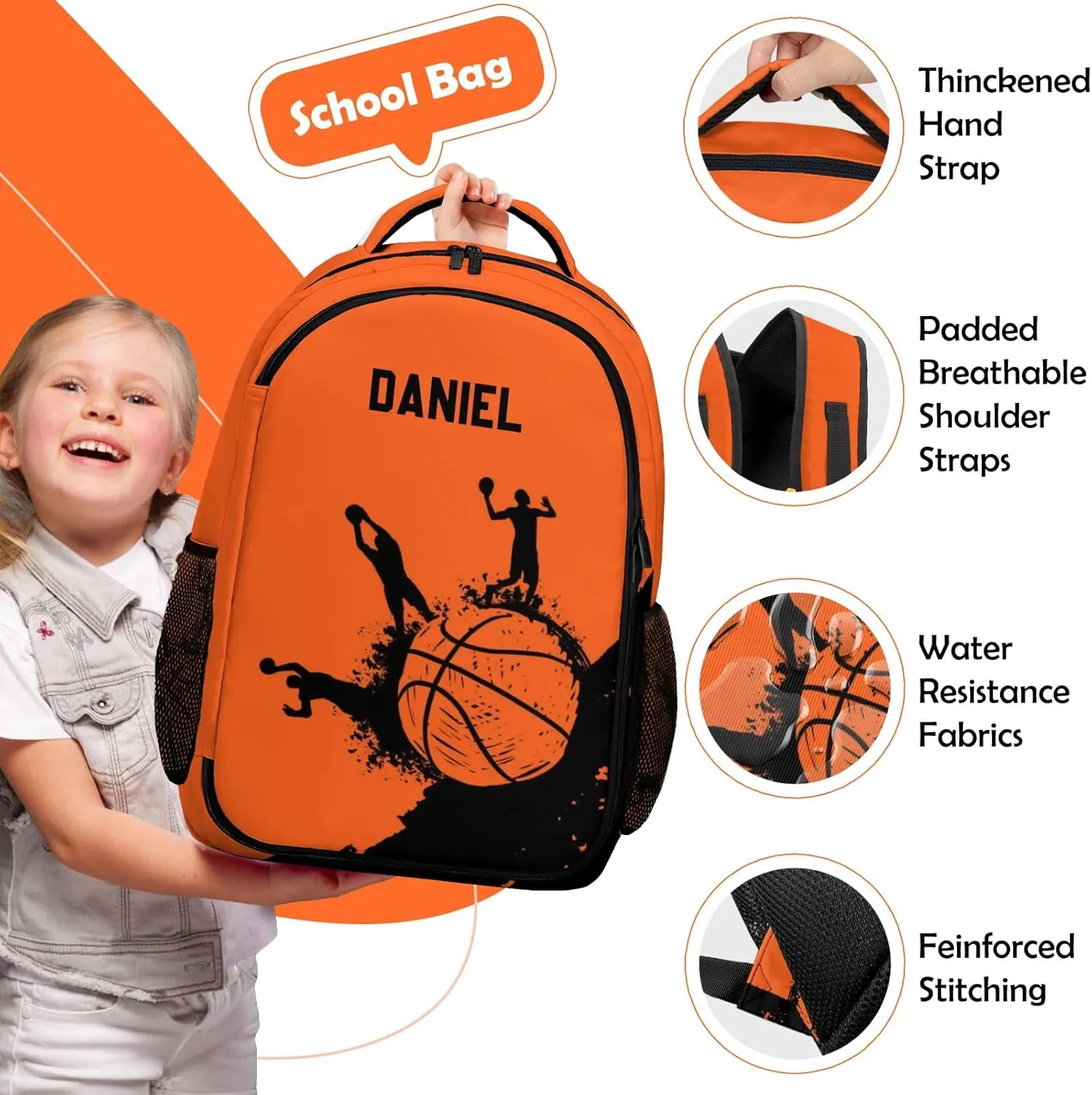 Custom Backpack for Boys, Lightweight Backpack Set with Lunch Bag and Pencil Case 3 pcs, Schoolbag for Elementary Junior High Students 6-8 10-12 14-16, Basketball