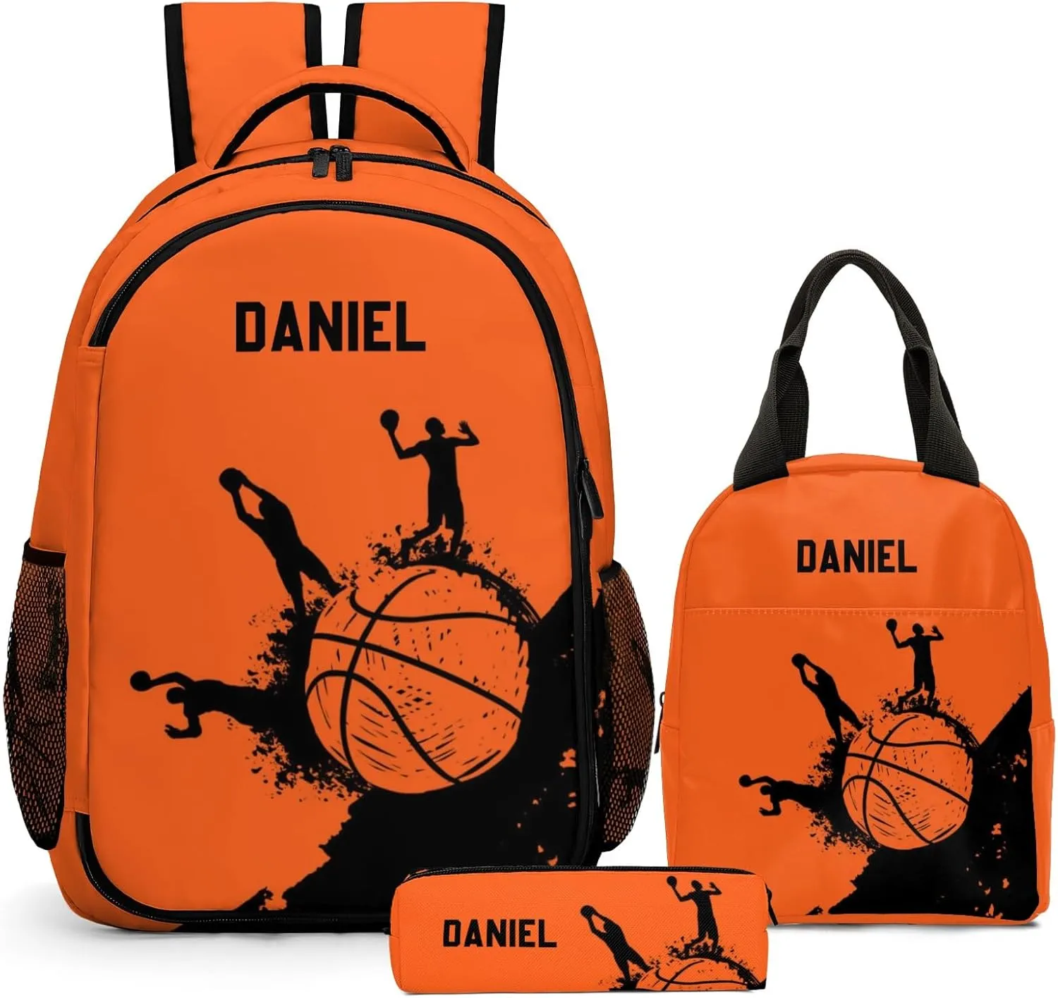 Custom Backpack for Boys, Lightweight Backpack Set with Lunch Bag and Pencil Case 3 pcs, Schoolbag for Elementary Junior High Students 6-8 10-12 14-16, Basketball