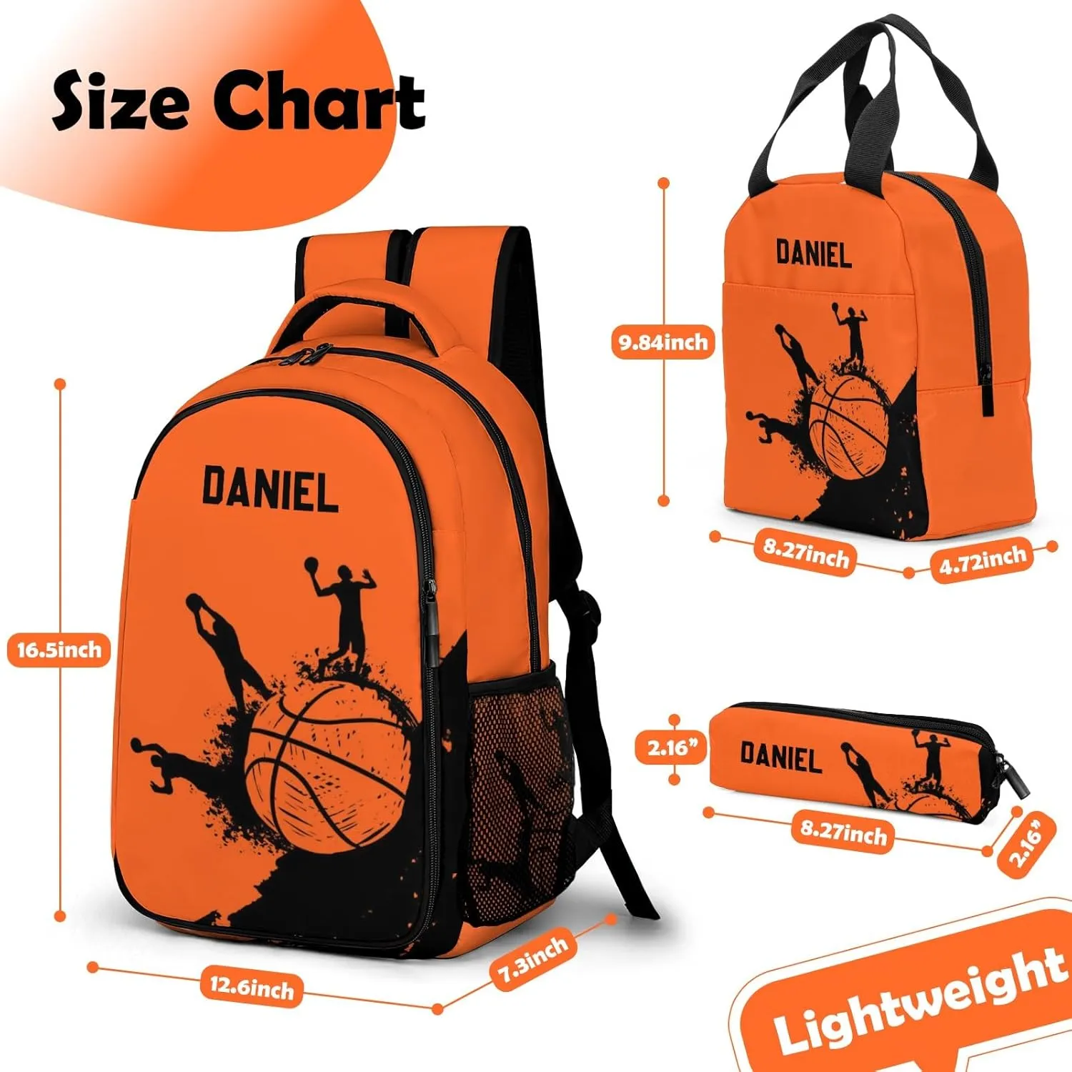 Custom Backpack for Boys, Lightweight Backpack Set with Lunch Bag and Pencil Case 3 pcs, Schoolbag for Elementary Junior High Students 6-8 10-12 14-16, Basketball