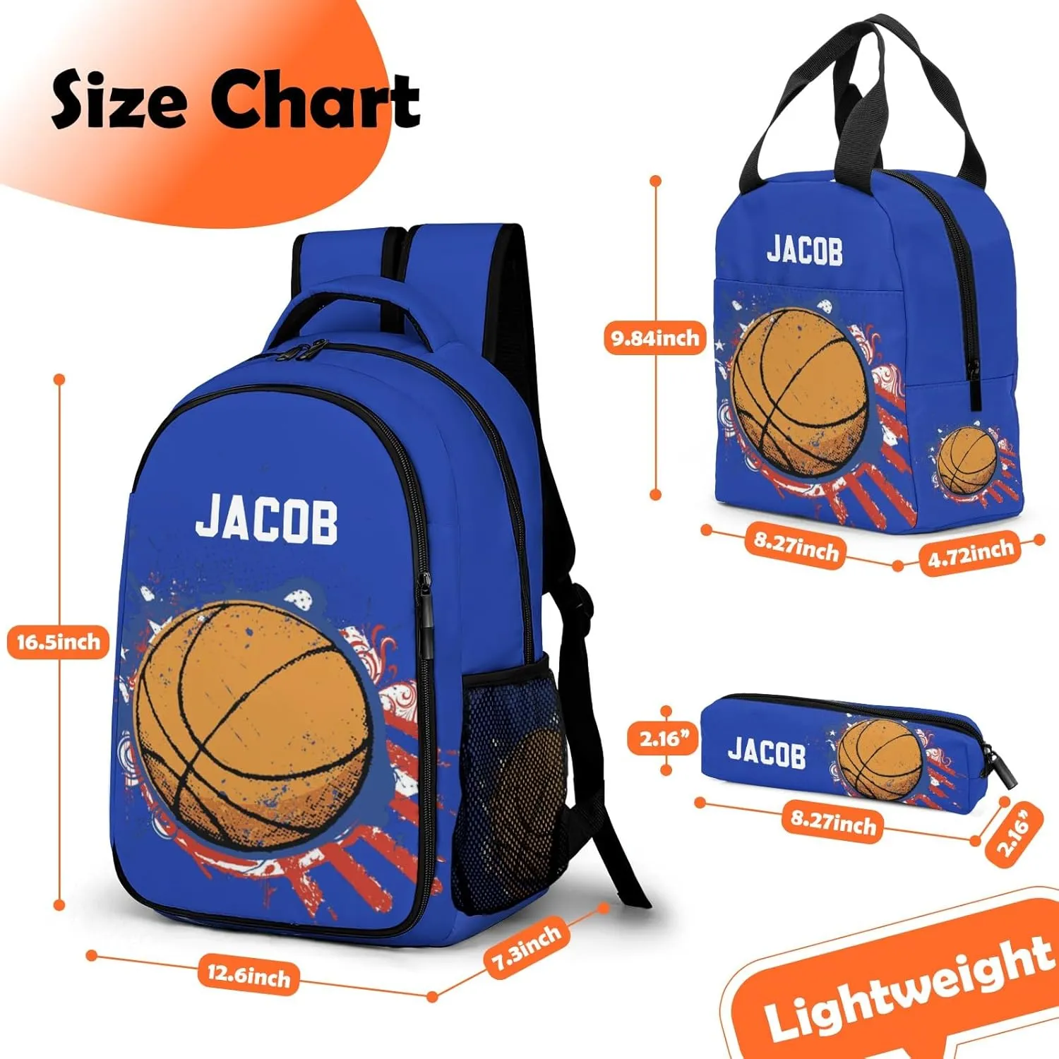 Custom Backpack for Boys, Lightweight Backpack Set with Lunch Bag and Pencil Case 3 pcs, Schoolbag for Elementary Junior High Students 6-8 10-12 14-16, Basketball