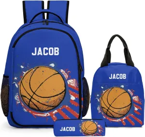 Custom Backpack for Boys, Lightweight Backpack Set with Lunch Bag and Pencil Case 3 pcs, Schoolbag for Elementary Junior High Students 6-8 10-12 14-16, Basketball