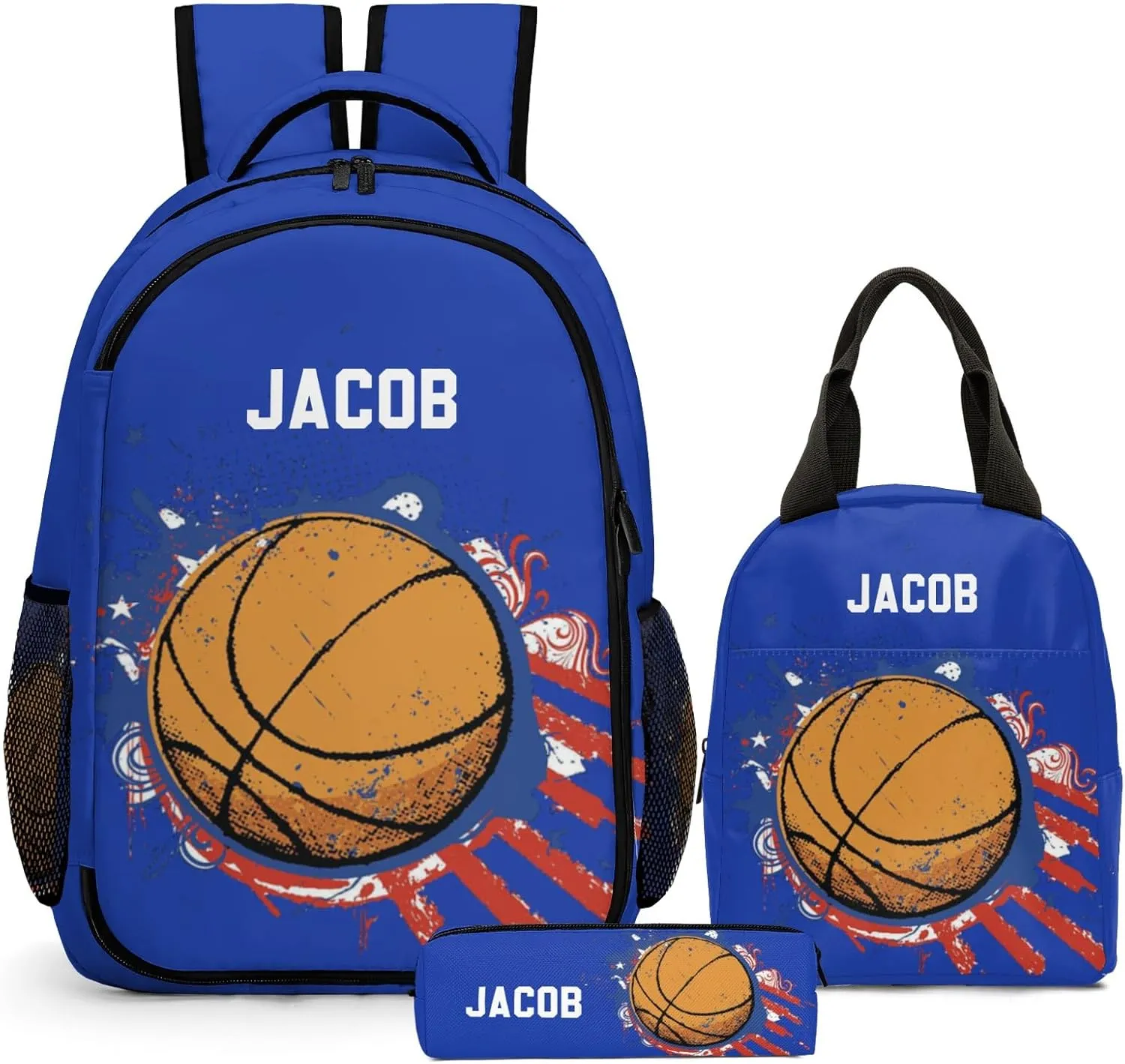 Custom Backpack for Boys, Lightweight Backpack Set with Lunch Bag and Pencil Case 3 pcs, Schoolbag for Elementary Junior High Students 6-8 10-12 14-16, Basketball