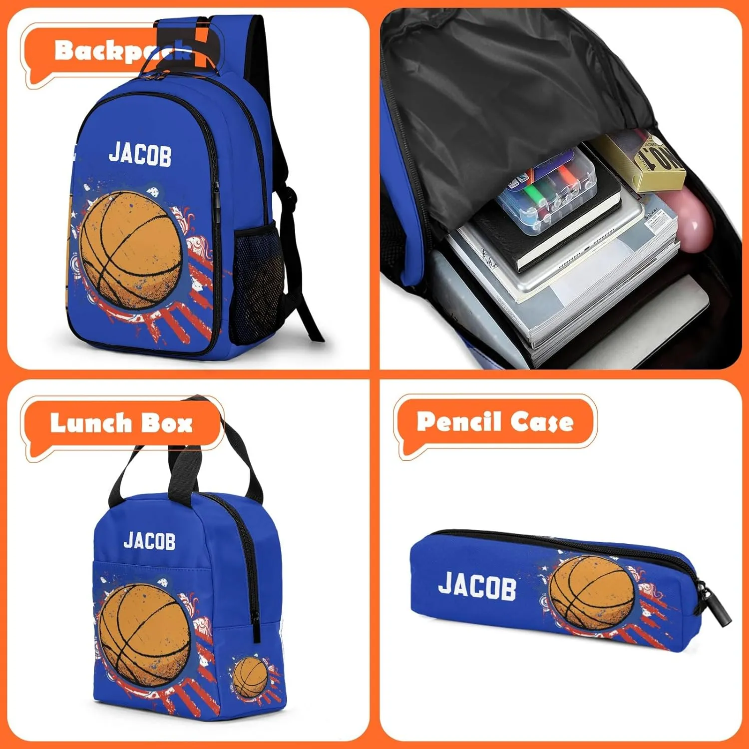 Custom Backpack for Boys, Lightweight Backpack Set with Lunch Bag and Pencil Case 3 pcs, Schoolbag for Elementary Junior High Students 6-8 10-12 14-16, Basketball