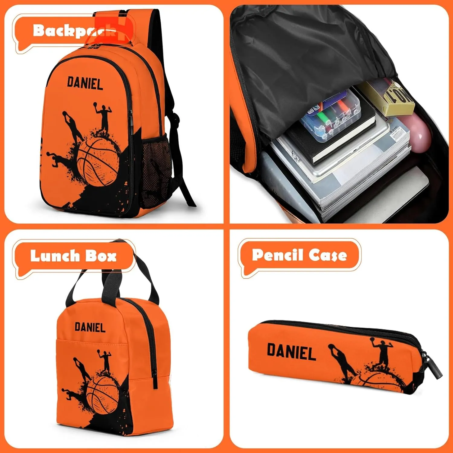 Custom Backpack for Boys, Lightweight Backpack Set with Lunch Bag and Pencil Case 3 pcs, Schoolbag for Elementary Junior High Students 6-8 10-12 14-16, Basketball