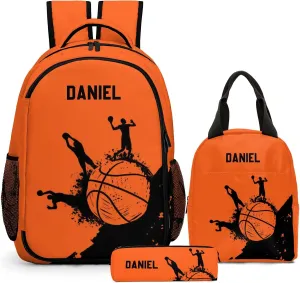 Custom Backpack for Boys, Lightweight Backpack Set with Lunch Bag and Pencil Case 3 pcs, Schoolbag for Elementary Junior High Students 6-8 10-12 14-16, Basketball