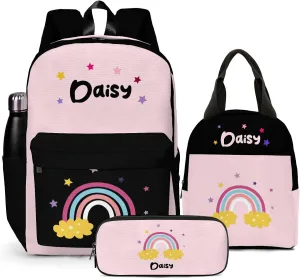 Custom Backpack for Girls, Lightweight Backpack Set with Lunch Bag and Pencil Case 3 pcs, Schoolbag for Elementary Junior High School Students 6-8 10-12 14-16, BlackPink-Rainbow