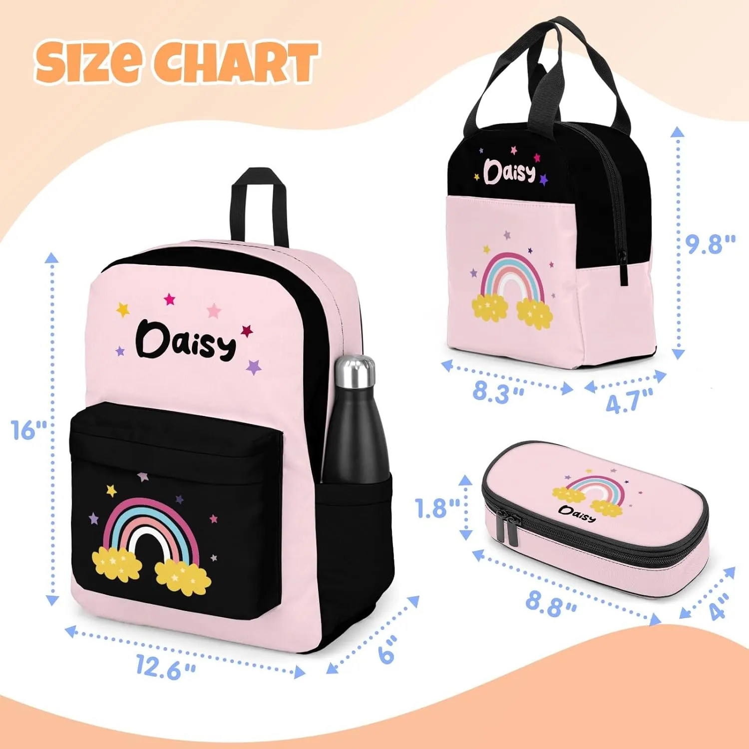Custom Backpack for Girls, Lightweight Backpack Set with Lunch Bag and Pencil Case 3 pcs, Schoolbag for Elementary Junior High School Students 6-8 10-12 14-16, BlackPink-Rainbow