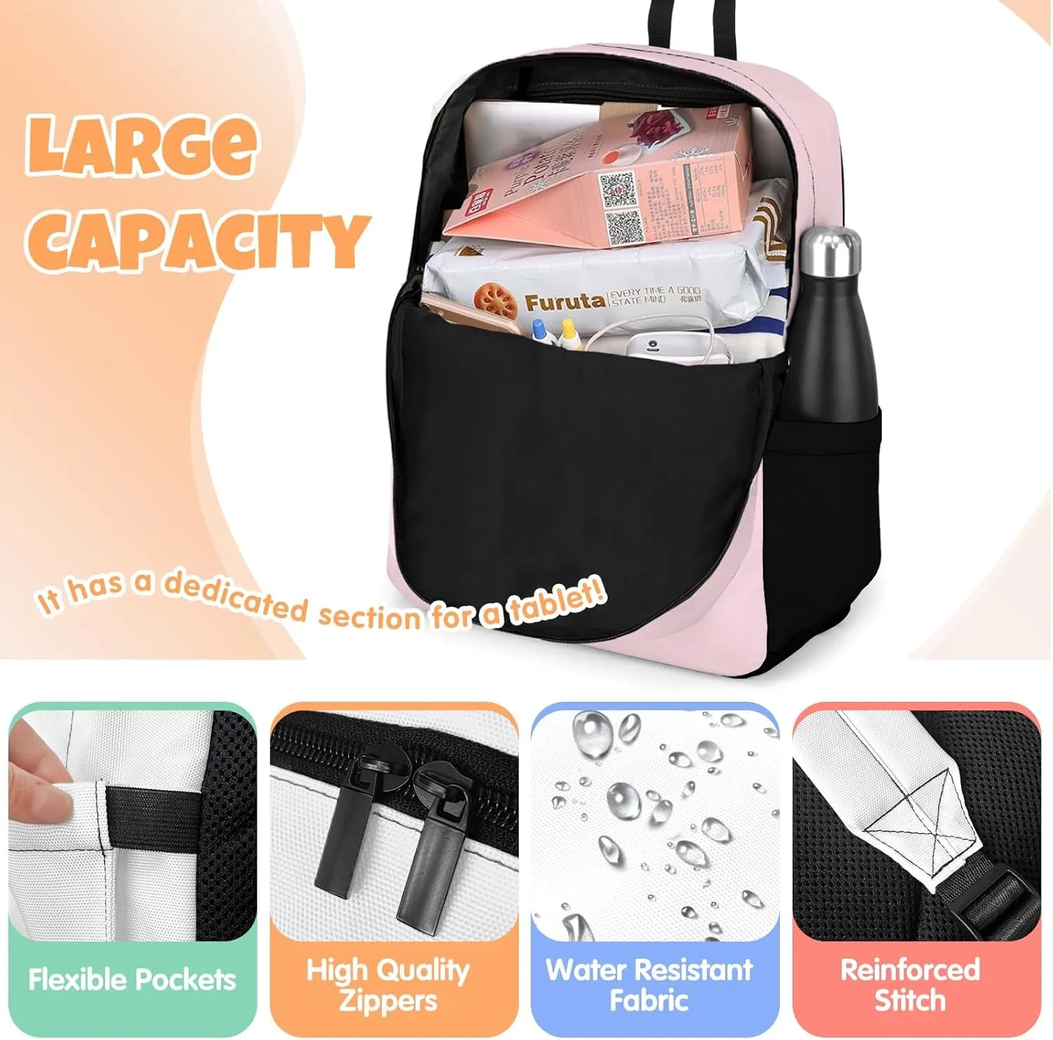 Custom Backpack for Girls, Lightweight Backpack Set with Lunch Bag and Pencil Case 3 pcs, Schoolbag for Elementary Junior High School Students 6-8 10-12 14-16, BlackPink-Rainbow