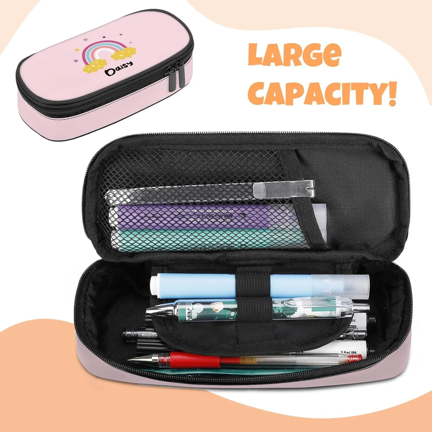 Custom Backpack for Girls, Lightweight Backpack Set with Lunch Bag and Pencil Case 3 pcs, Schoolbag for Elementary Junior High School Students 6-8 10-12 14-16, BlackPink-Rainbow