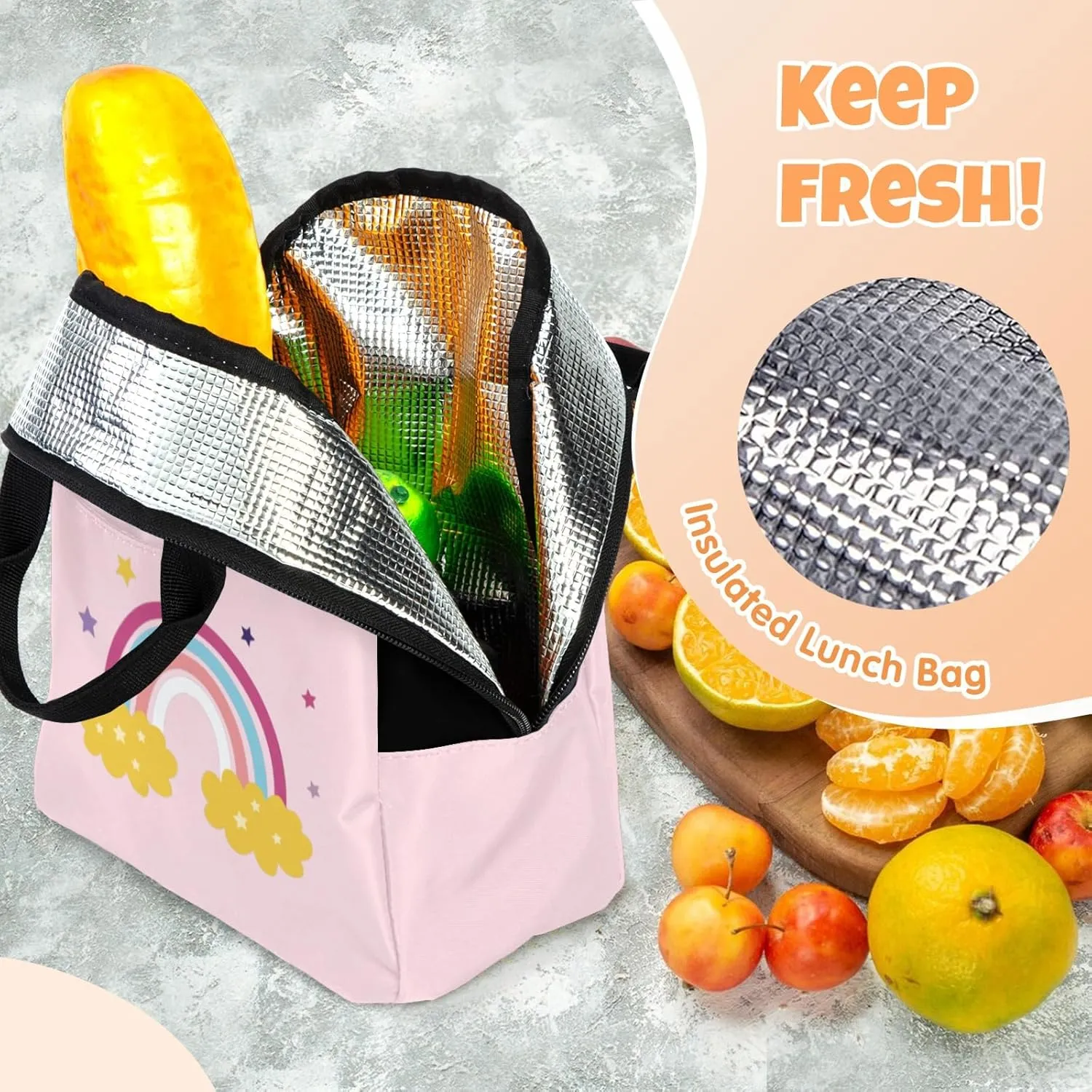 Custom Backpack for Girls, Lightweight Backpack Set with Lunch Bag and Pencil Case 3 pcs, Schoolbag for Elementary Junior High School Students 6-8 10-12 14-16, BlackPink-Rainbow