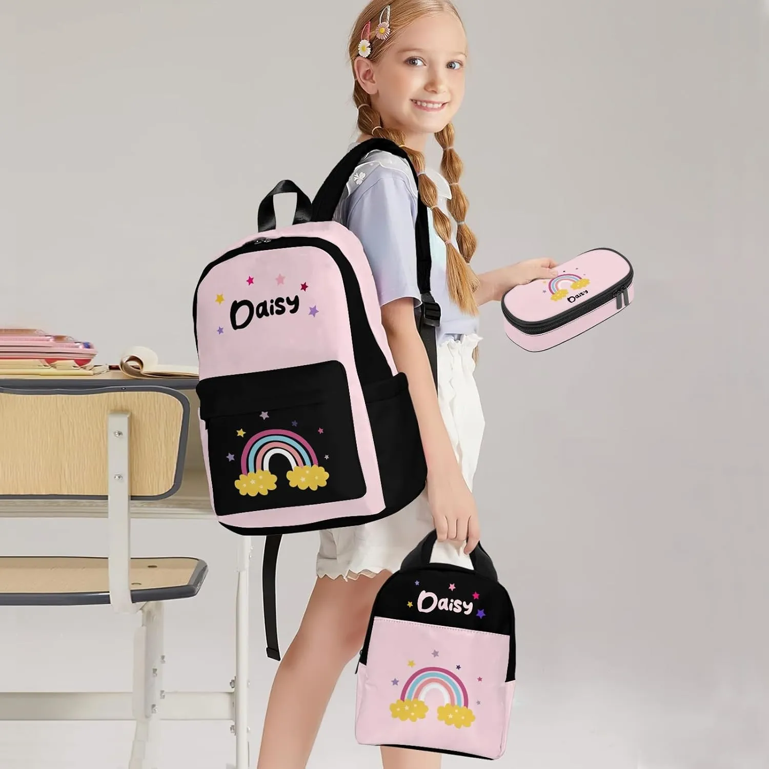 Custom Backpack for Girls, Lightweight Backpack Set with Lunch Bag and Pencil Case 3 pcs, Schoolbag for Elementary Junior High School Students 6-8 10-12 14-16, BlackPink-Rainbow