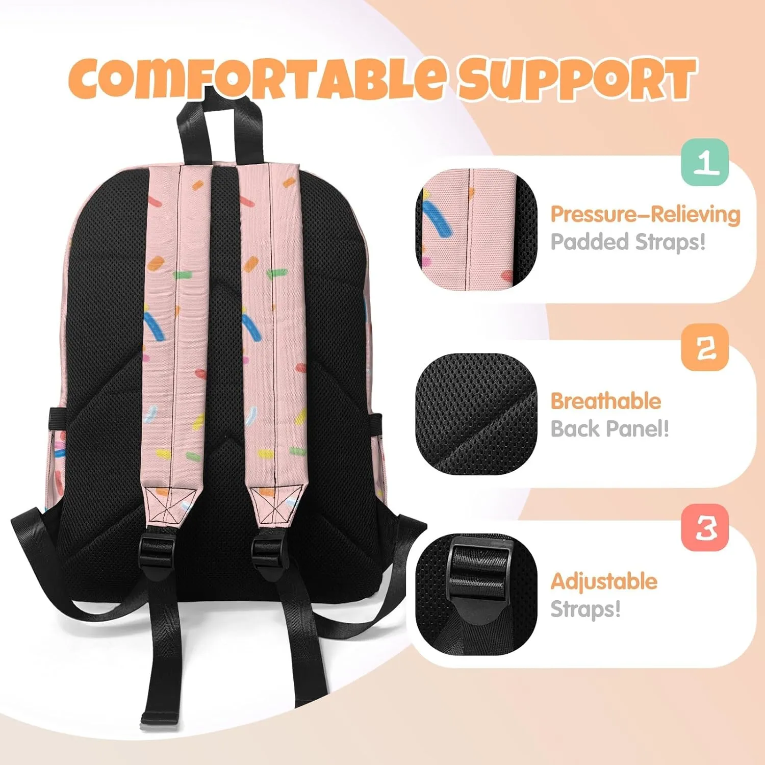 Custom Backpack for Girls, Lightweight Backpack Set with Lunch Bag and Pencil Case 3 pcs, Schoolbag for Elementary Junior High School Students 6-8 10-12 14-16, Donut