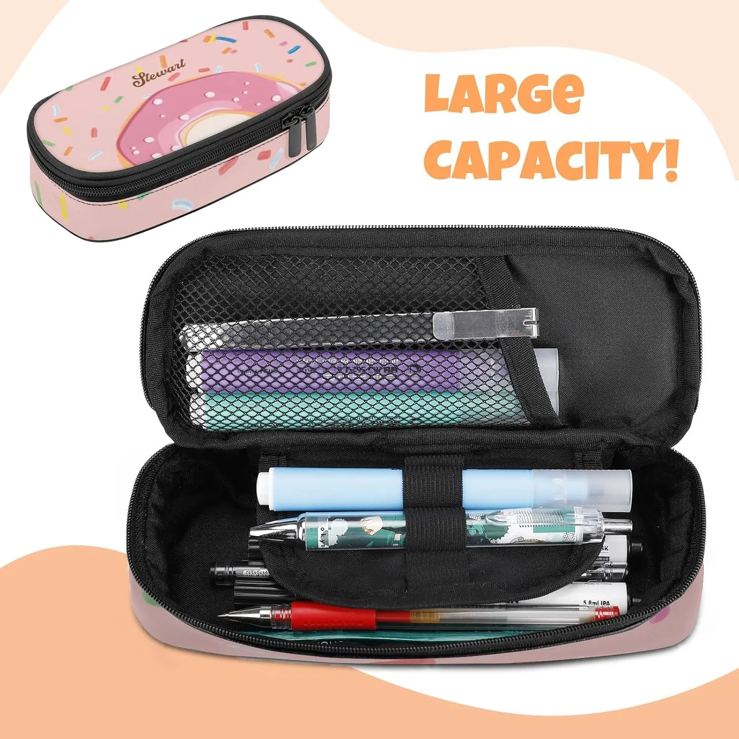 Custom Backpack for Girls, Lightweight Backpack Set with Lunch Bag and Pencil Case 3 pcs, Schoolbag for Elementary Junior High School Students 6-8 10-12 14-16, Donut