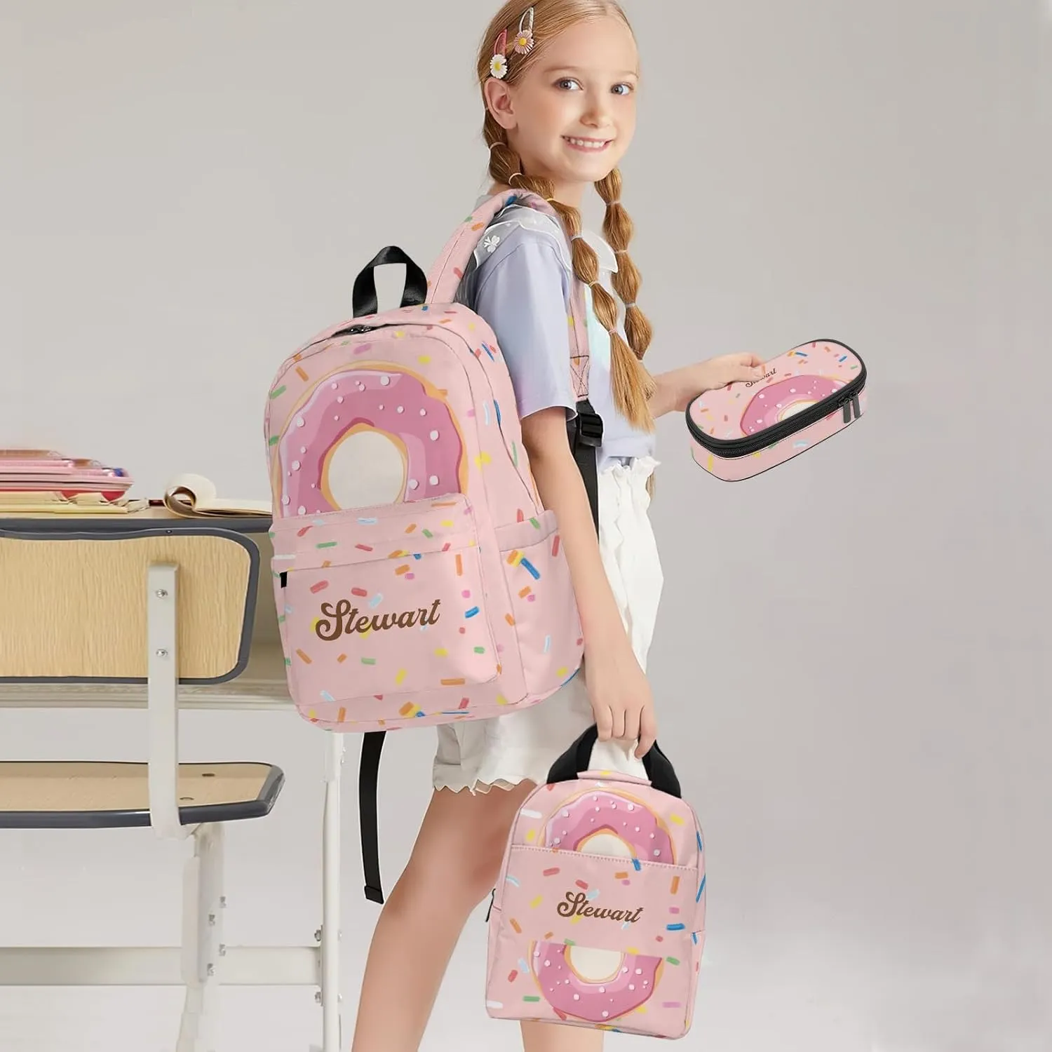 Custom Backpack for Girls, Lightweight Backpack Set with Lunch Bag and Pencil Case 3 pcs, Schoolbag for Elementary Junior High School Students 6-8 10-12 14-16, Donut