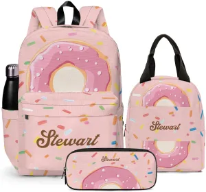 Custom Backpack for Girls, Lightweight Backpack Set with Lunch Bag and Pencil Case 3 pcs, Schoolbag for Elementary Junior High School Students 6-8 10-12 14-16, Donut