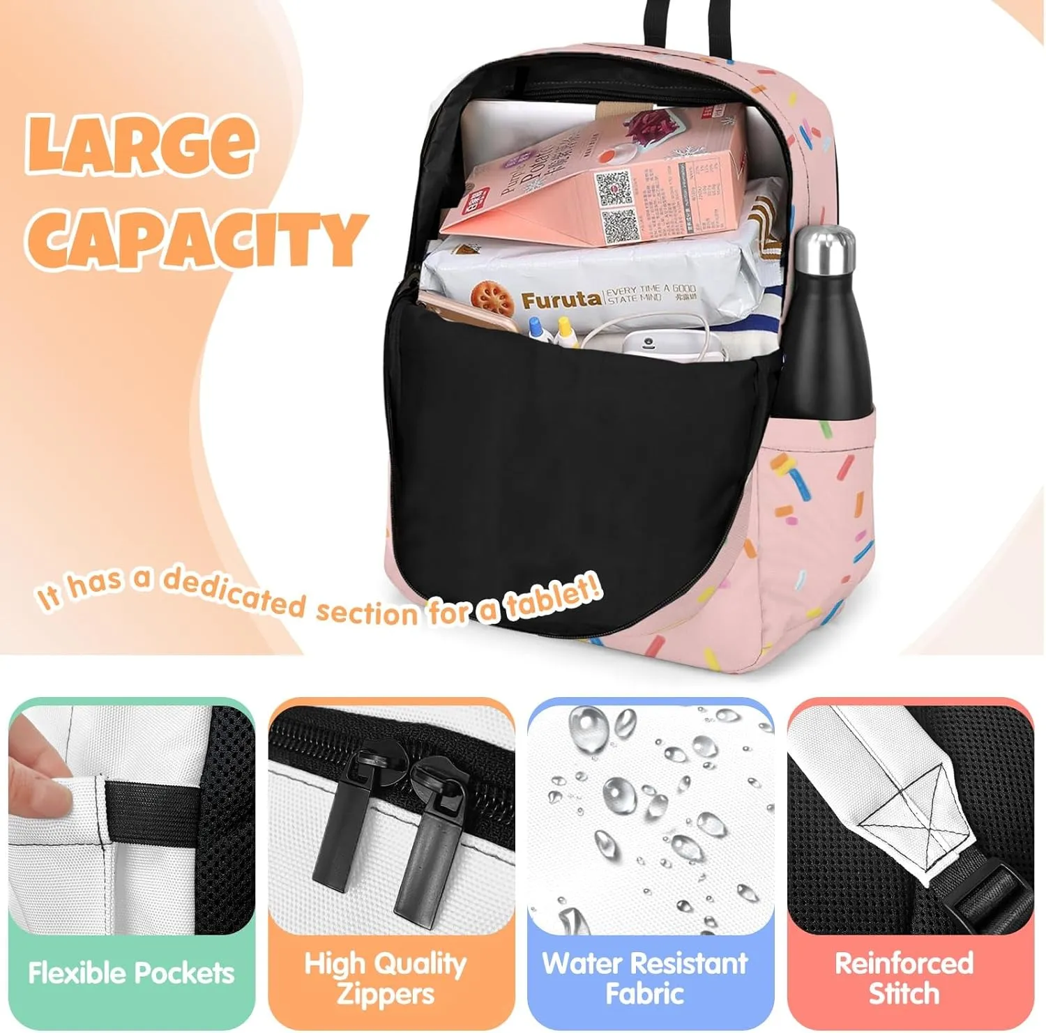 Custom Backpack for Girls, Lightweight Backpack Set with Lunch Bag and Pencil Case 3 pcs, Schoolbag for Elementary Junior High School Students 6-8 10-12 14-16, Donut