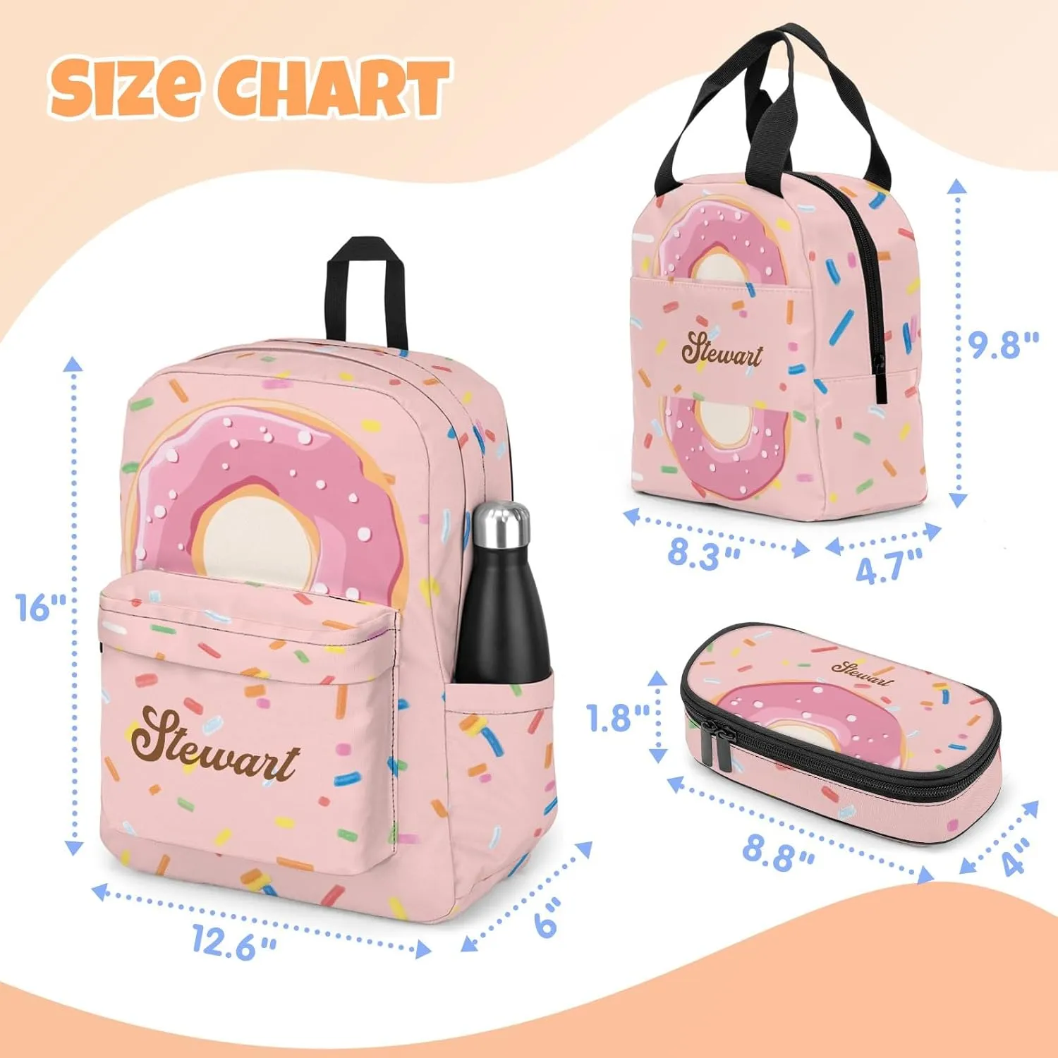 Custom Backpack for Girls, Lightweight Backpack Set with Lunch Bag and Pencil Case 3 pcs, Schoolbag for Elementary Junior High School Students 6-8 10-12 14-16, Donut