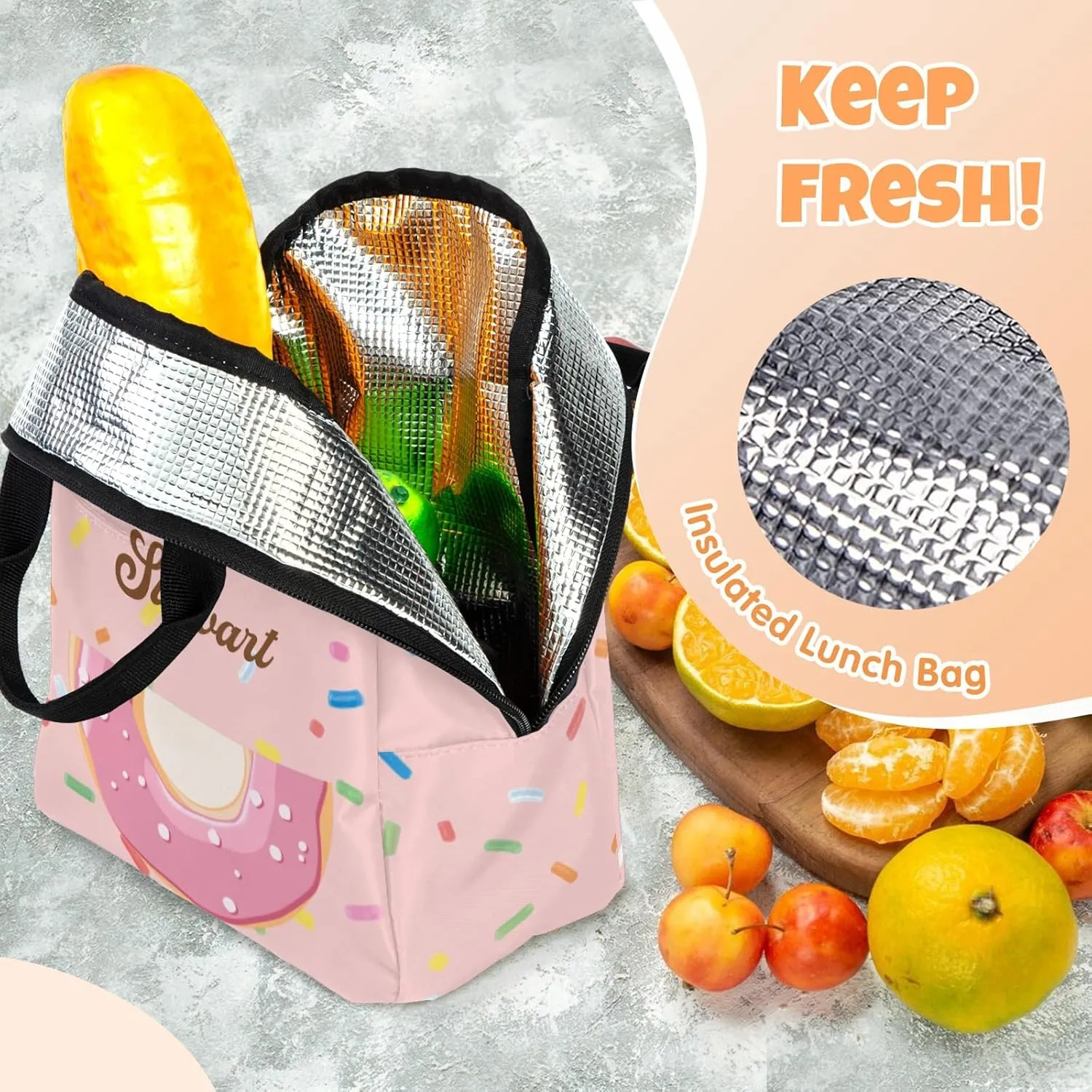 Custom Backpack for Girls, Lightweight Backpack Set with Lunch Bag and Pencil Case 3 pcs, Schoolbag for Elementary Junior High School Students 6-8 10-12 14-16, Donut