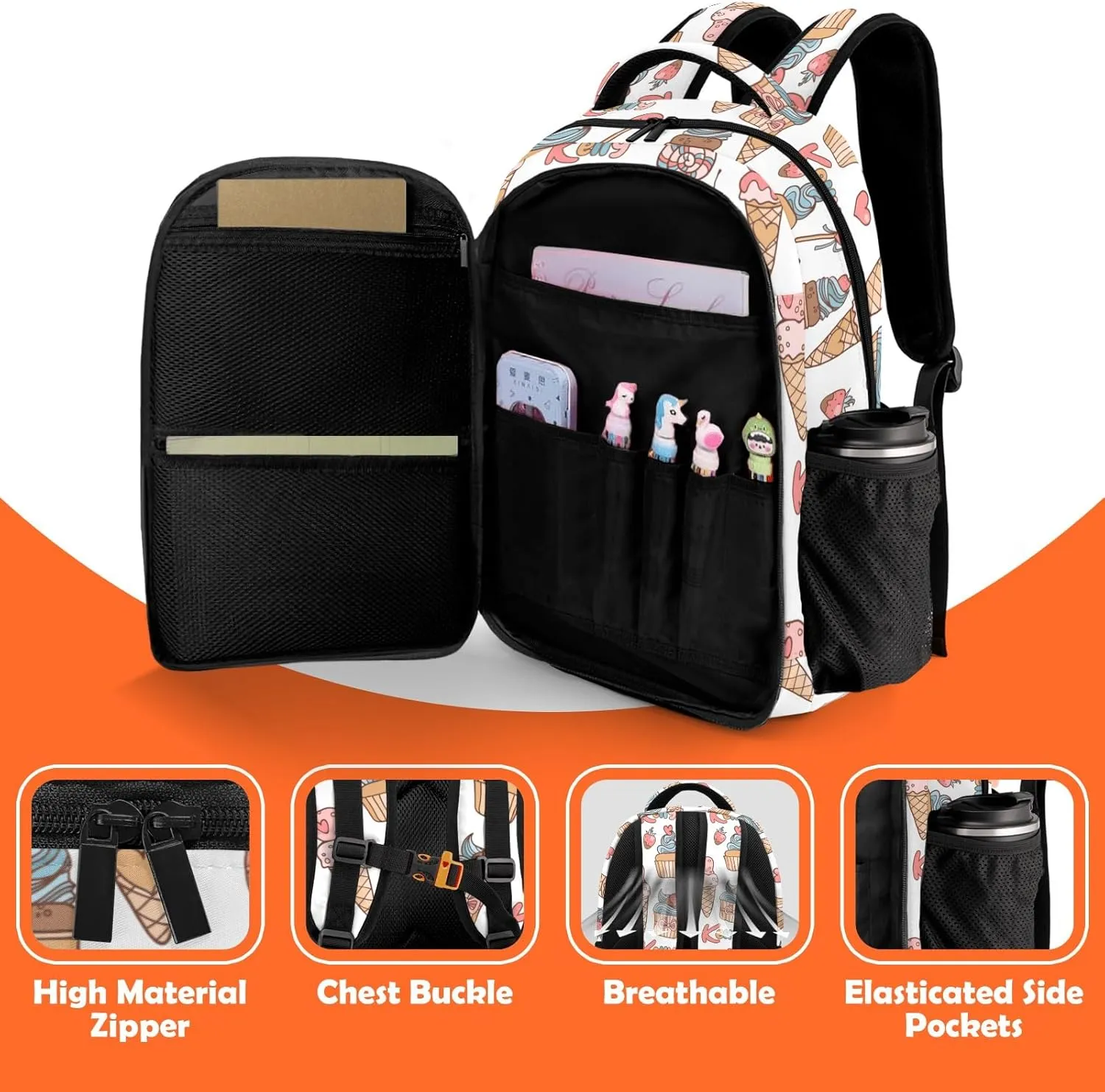 Custom Backpack for Girls, Lightweight Backpack Set with Lunch Bag and Pencil Case 3 pcs, Schoolbag for Elementary Junior High School Students 6-8 10-12 14-16