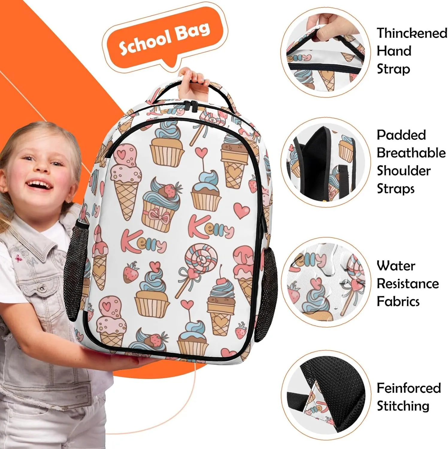 Custom Backpack for Girls, Lightweight Backpack Set with Lunch Bag and Pencil Case 3 pcs, Schoolbag for Elementary Junior High School Students 6-8 10-12 14-16