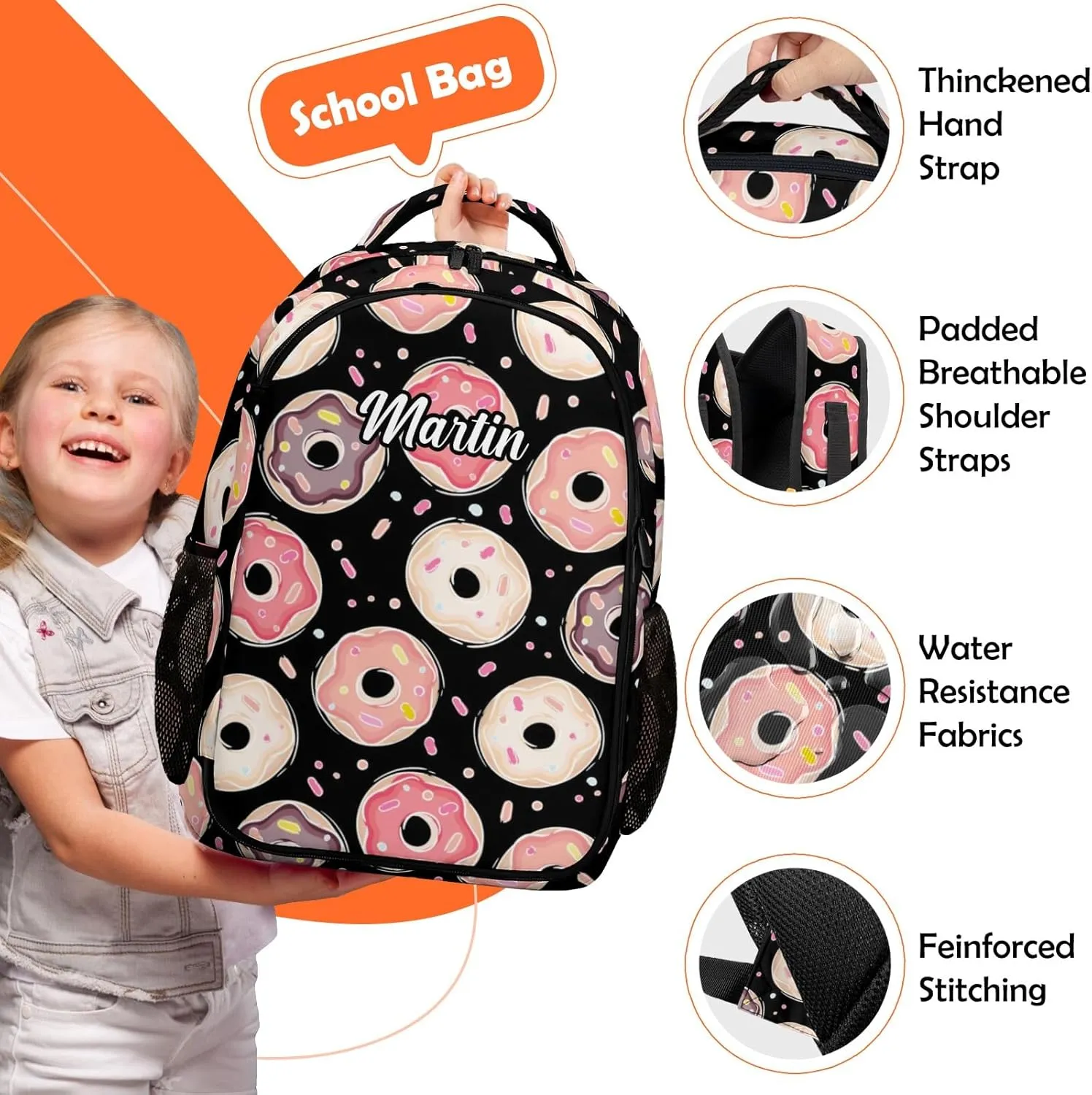 Custom Backpack for Girls, Lightweight Backpack Set with Lunch Bag and Pencil Case 3 pcs, Schoolbag for Elementary Junior High School Students 6-8 10-12 14-16