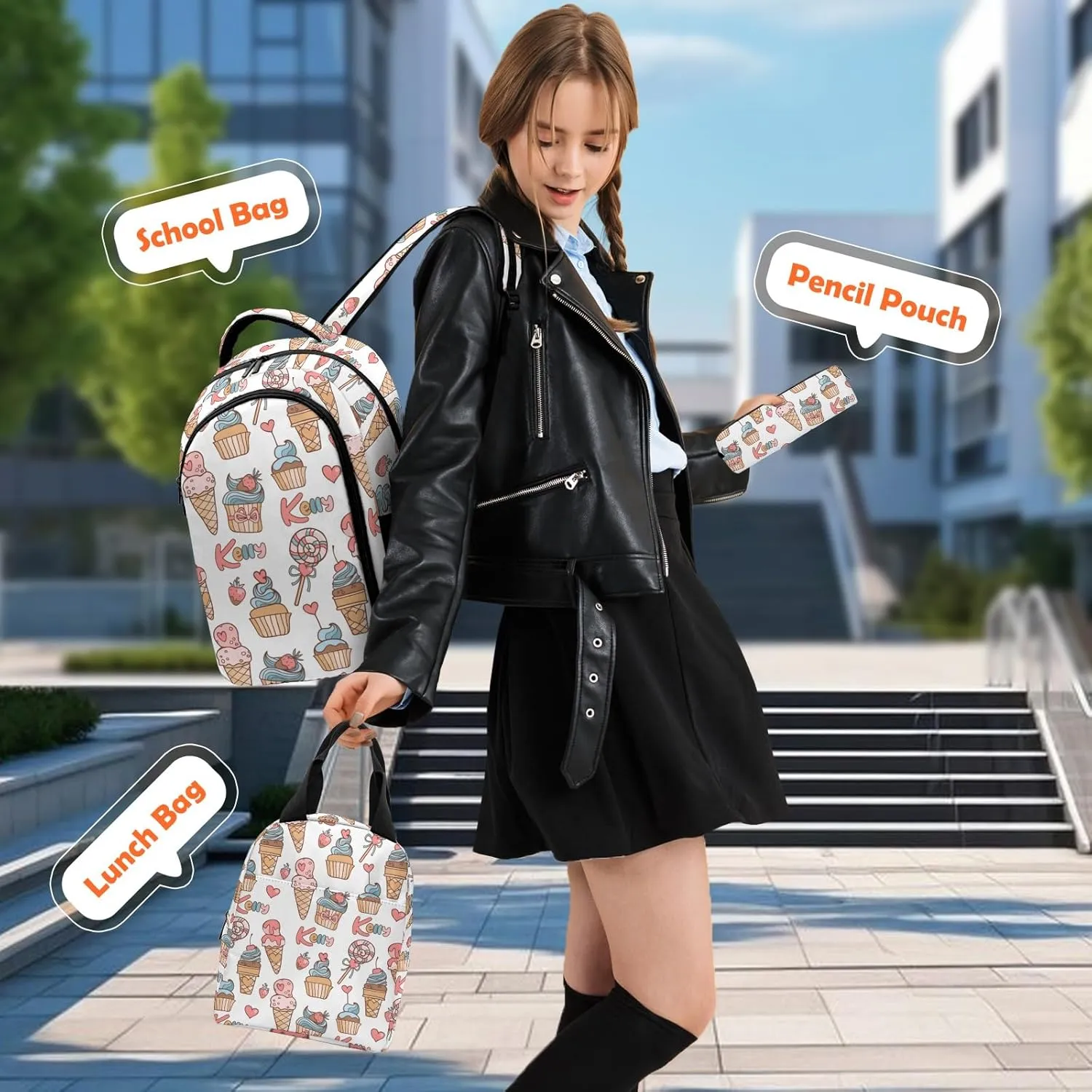 Custom Backpack for Girls, Lightweight Backpack Set with Lunch Bag and Pencil Case 3 pcs, Schoolbag for Elementary Junior High School Students 6-8 10-12 14-16