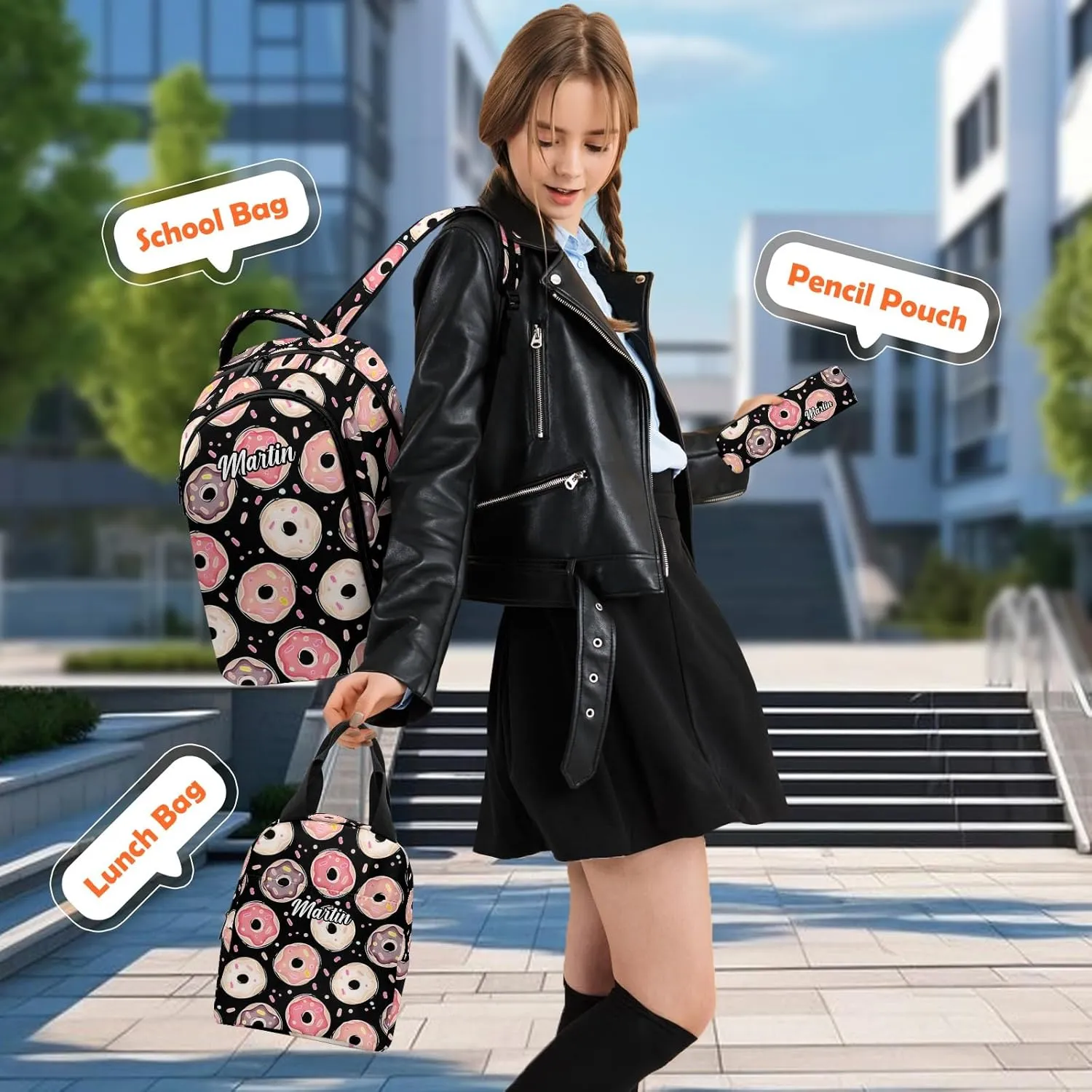 Custom Backpack for Girls, Lightweight Backpack Set with Lunch Bag and Pencil Case 3 pcs, Schoolbag for Elementary Junior High School Students 6-8 10-12 14-16