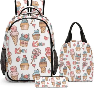 Custom Backpack for Girls, Lightweight Backpack Set with Lunch Bag and Pencil Case 3 pcs, Schoolbag for Elementary Junior High School Students 6-8 10-12 14-16