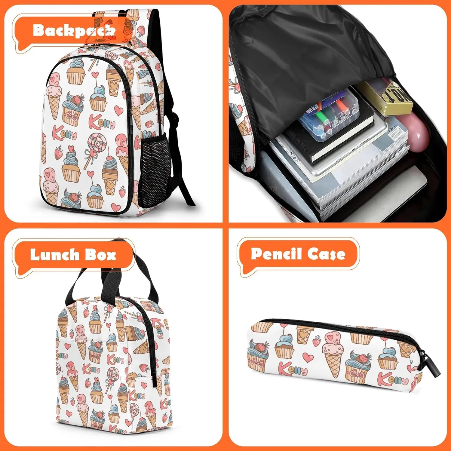 Custom Backpack for Girls, Lightweight Backpack Set with Lunch Bag and Pencil Case 3 pcs, Schoolbag for Elementary Junior High School Students 6-8 10-12 14-16