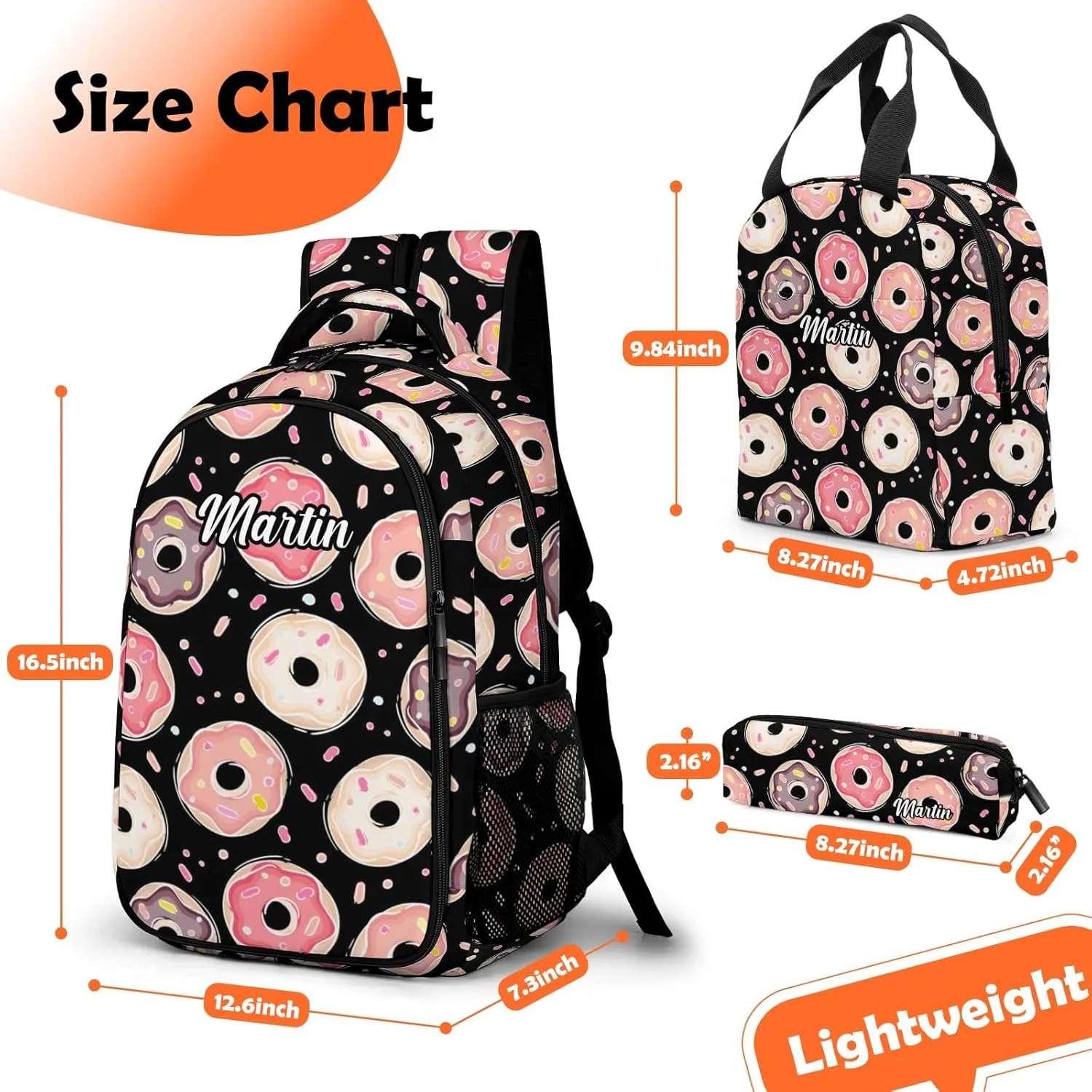 Custom Backpack for Girls, Lightweight Backpack Set with Lunch Bag and Pencil Case 3 pcs, Schoolbag for Elementary Junior High School Students 6-8 10-12 14-16