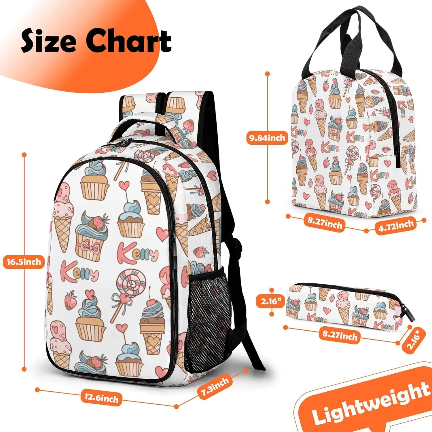 Custom Backpack for Girls, Lightweight Backpack Set with Lunch Bag and Pencil Case 3 pcs, Schoolbag for Elementary Junior High School Students 6-8 10-12 14-16