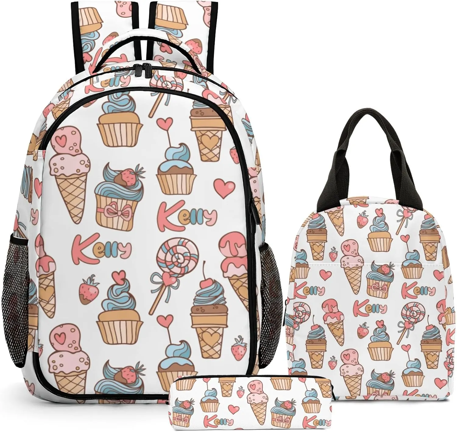 Custom Backpack for Girls, Lightweight Backpack Set with Lunch Bag and Pencil Case 3 pcs, Schoolbag for Elementary Junior High School Students 6-8 10-12 14-16