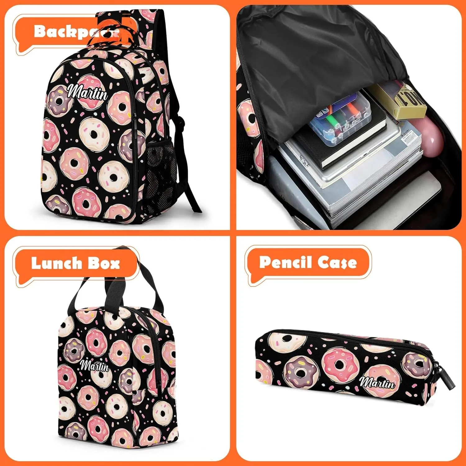 Custom Backpack for Girls, Lightweight Backpack Set with Lunch Bag and Pencil Case 3 pcs, Schoolbag for Elementary Junior High School Students 6-8 10-12 14-16