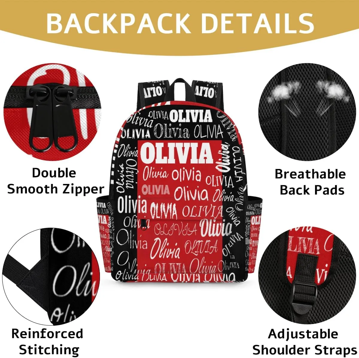 Custom Backpack Personalized Backpack, Customize Your Text Name Logo Waterproof Book Bag for Students Girls Black Red Color