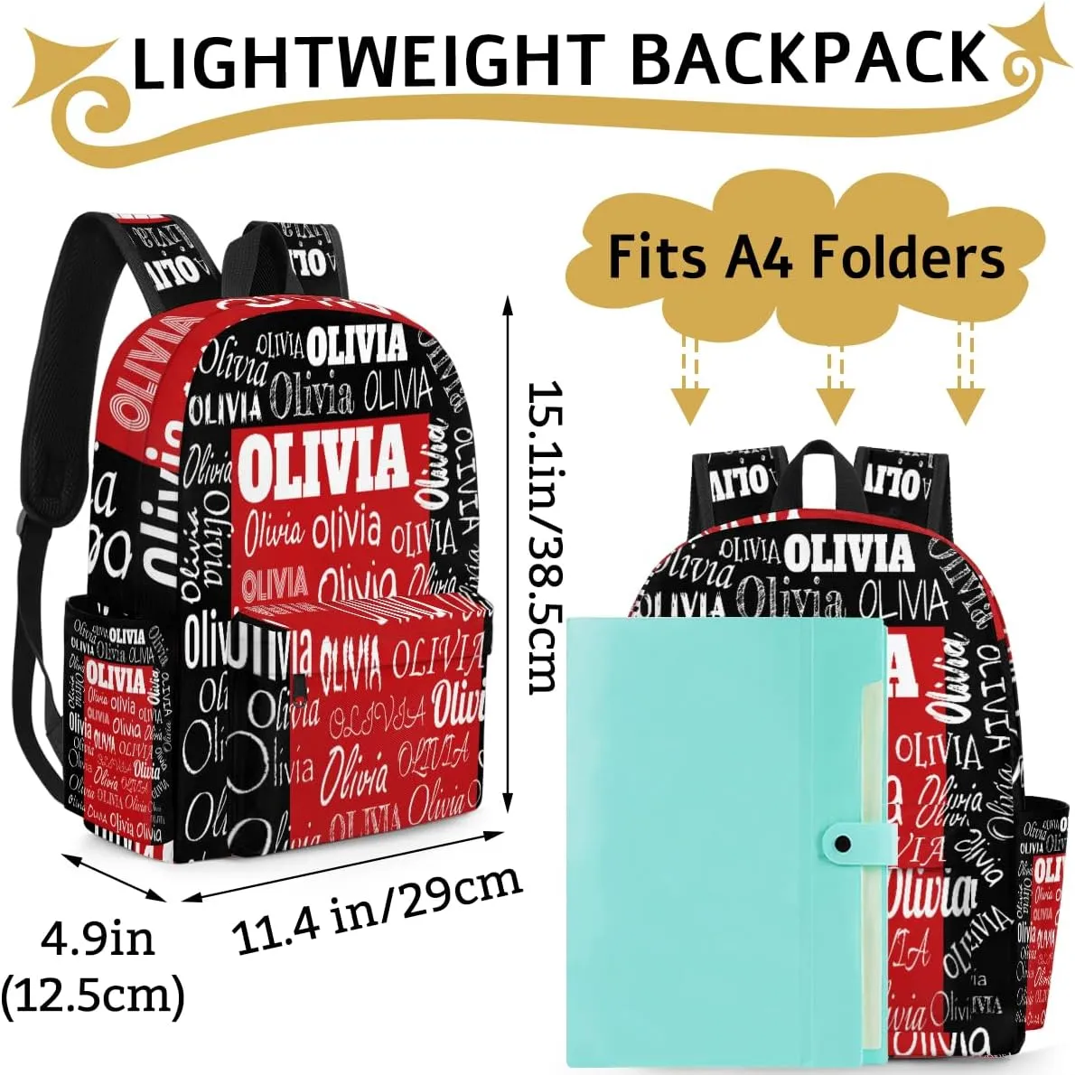 Custom Backpack Personalized Backpack, Customize Your Text Name Logo Waterproof Book Bag for Students Girls Black Red Color