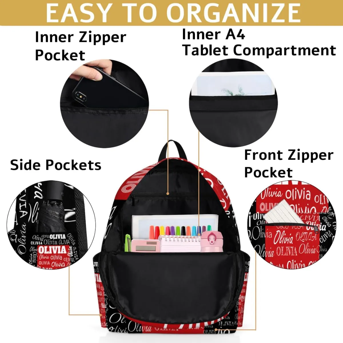 Custom Backpack Personalized Backpack, Customize Your Text Name Logo Waterproof Book Bag for Students Girls Black Red Color