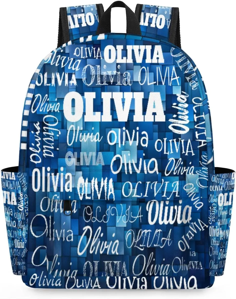 Custom Backpack Personalized Shoulder Bag with Name Casual Traveling Bag for Students 15in, Blue Geometric Pattern
