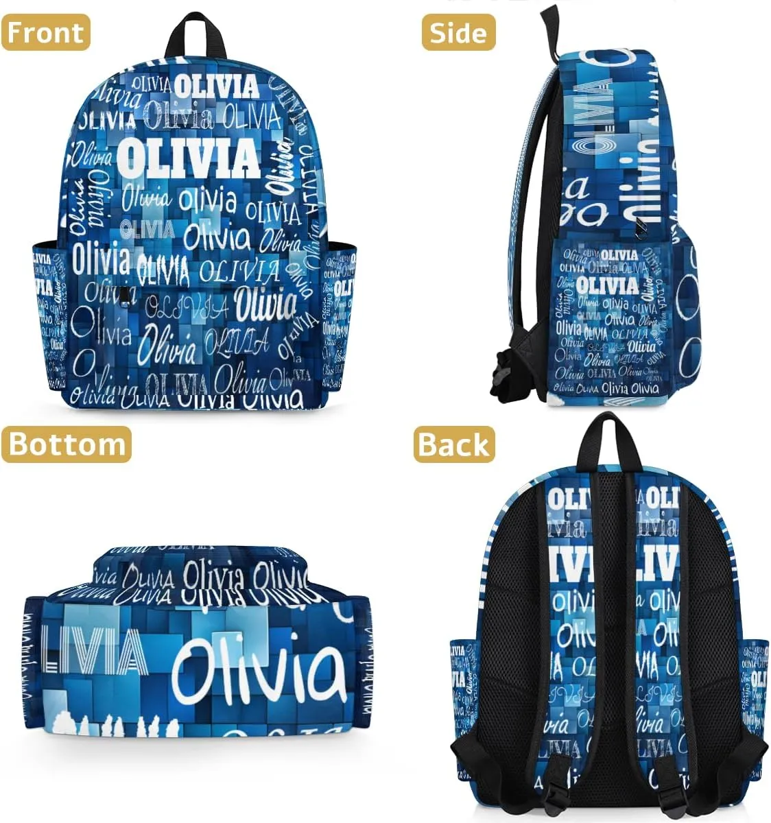 Custom Backpack Personalized Shoulder Bag with Name Casual Traveling Bag for Students 15in, Blue Geometric Pattern