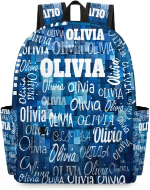 Custom Backpack Personalized Shoulder Bag with Name Casual Traveling Bag for Students 15in, Blue Geometric Pattern