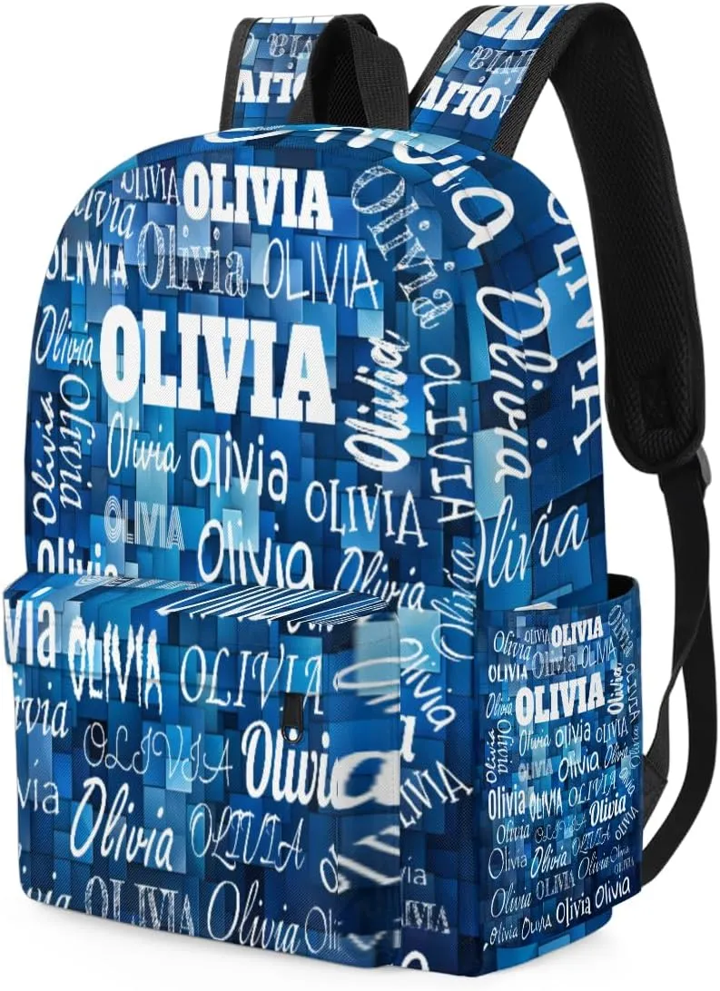 Custom Backpack Personalized Shoulder Bag with Name Casual Traveling Bag for Students 15in, Blue Geometric Pattern