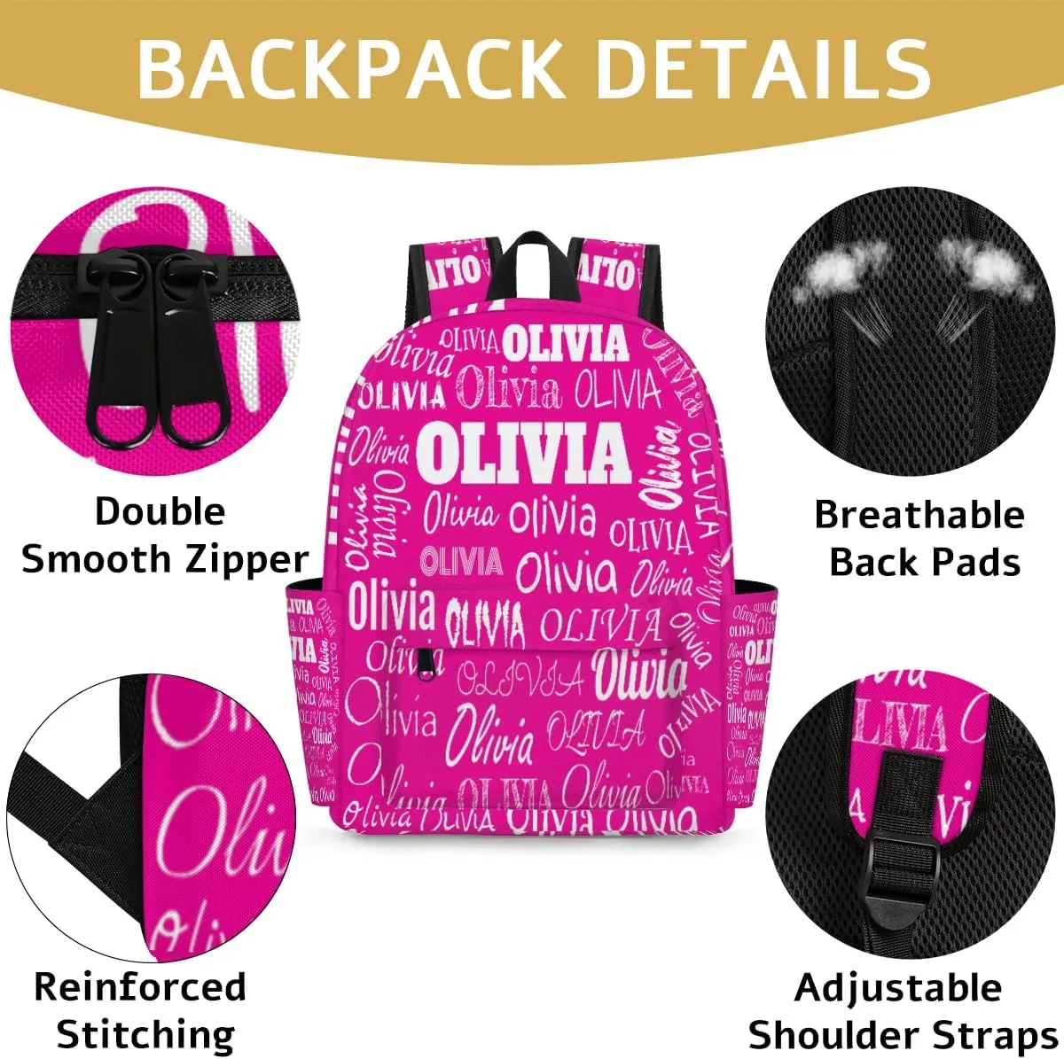 Custom Backpack with Name, Personalized Name Text School Travel Backpack for Girls, Deep Pink Color