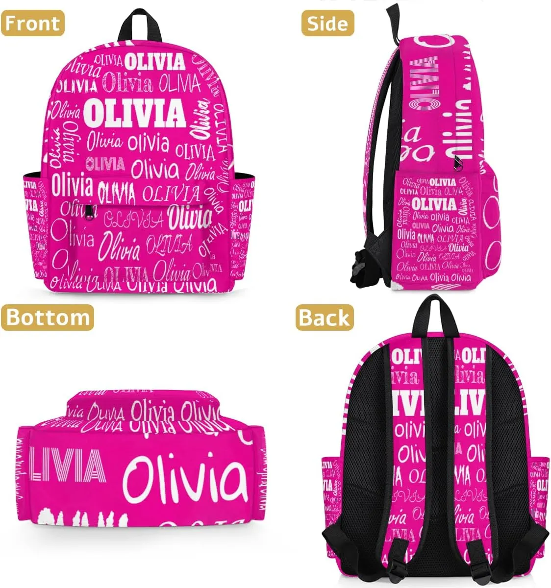 Custom Backpack with Name, Personalized Name Text School Travel Backpack for Girls, Deep Pink Color