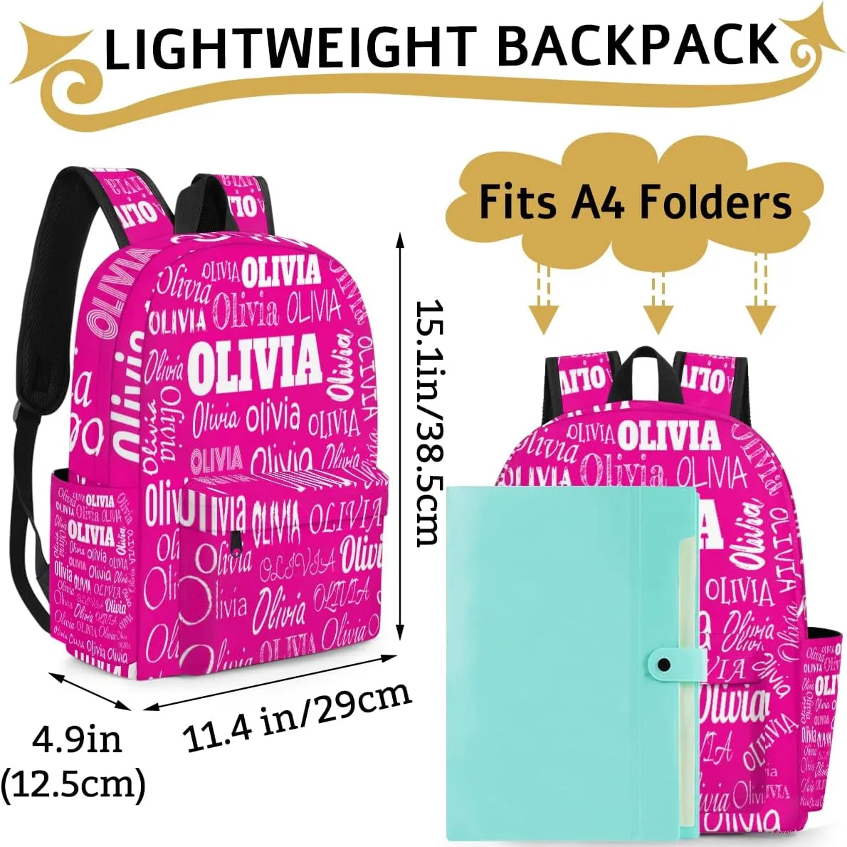 Custom Backpack with Name, Personalized Name Text School Travel Backpack for Girls, Deep Pink Color