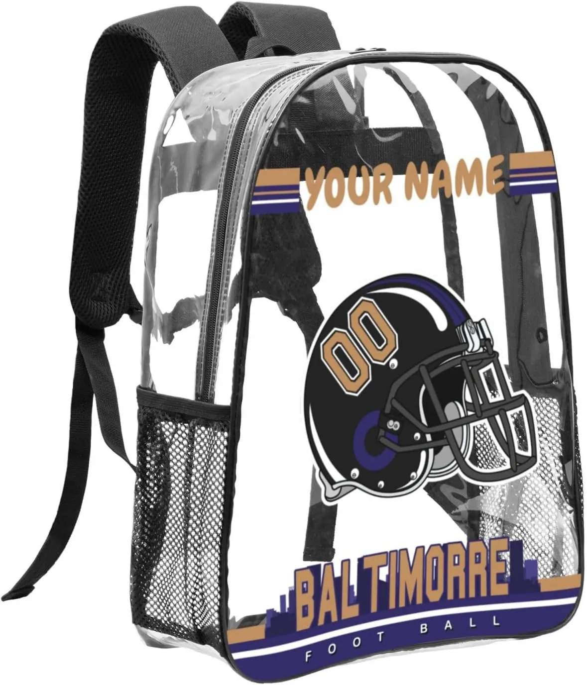 Custom Baltimorre Backpack Personalized Clear Backpack With Name And Number，Large Capacity Transparent Laptop Bag Football Style Casual Daypack Gifts For Men Women Fans
