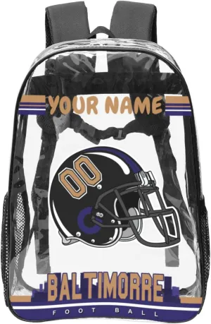 Custom Baltimorre Backpack Personalized Clear Backpack With Name And Number，Large Capacity Transparent Laptop Bag Football Style Casual Daypack Gifts For Men Women Fans