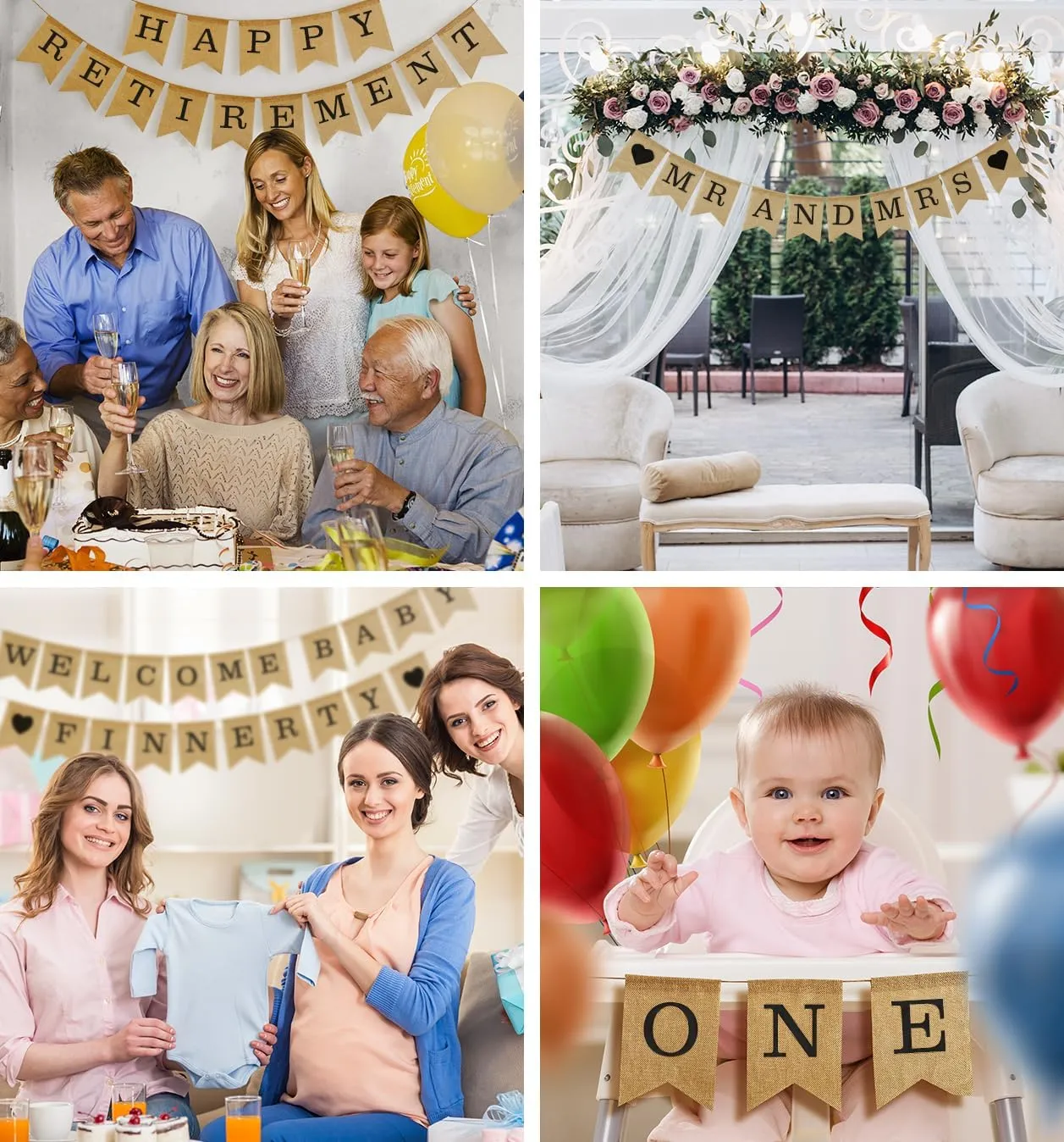 Custom Banner Kit, 97 Burlap Flags, Black Printed Letters Numbers, 120ft Twine String & Needle, DIY Customizable Personalized Banner, Imitation Burlap